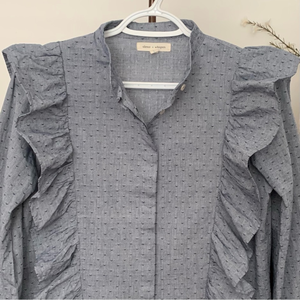 Chambray Patterned Ruffled Prairie Blouse, Size Large - Picture 3 of 12